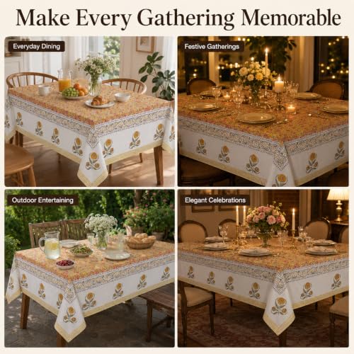 Hand Block Printed Floral Cotton Tablecloth 60x90 in - Pink Yellow, Dust Proof & Wrinkle Resistant