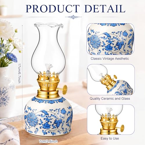 Vintage Ceramic Oil Lamp with Blue and White Chinoiserie Design