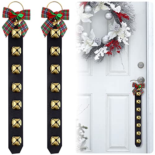 2 Pcs Christmas Jingle Bell Door Hanger with Bow, 18.7-Inch Gold Sleigh Bells