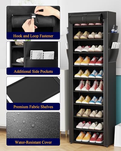 10-Tier Shoe Rack with Cover - Space Saving 20 Pair Shoe Organizer