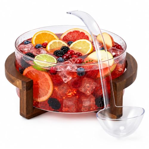 1.2 Gallon Hammered Glass Punch Bowl Set with Acacia Wood Base
