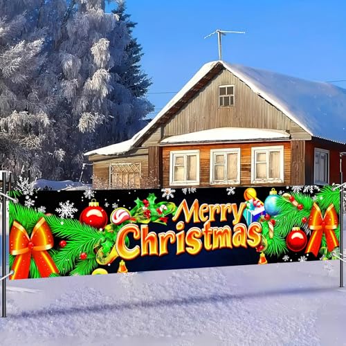 Merry Christmas Banner 78x17 in Pine Bough Bow Balls Candy - BlissYard #005