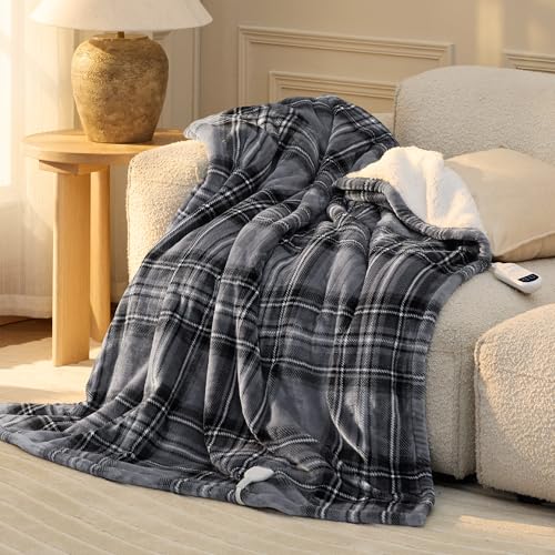 Heated Throw Blanket, Plaid Flannel Sherpa Electric Blanket 50"x60"