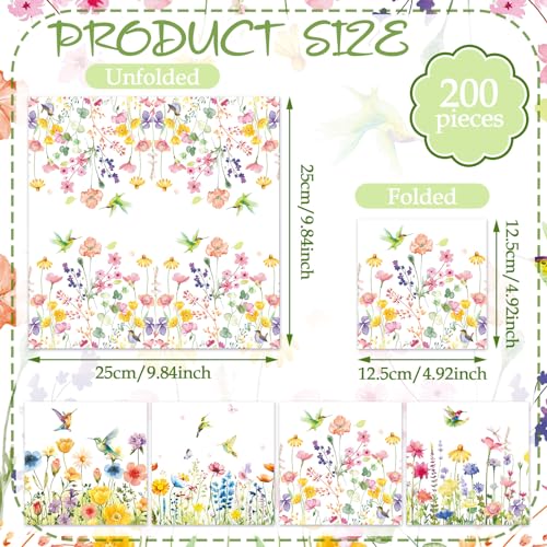 Fulmoon 200 Pcs Pastel Wildflower Cocktail Napkins - Hummingbird Design, 5-inch Disposable Party Paper Towels