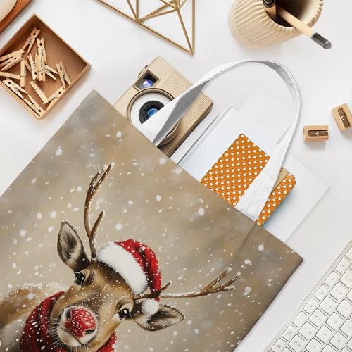 Reindeer Christmas Canvas Tote Bag for Women Holiday Gift Shopping & Travel