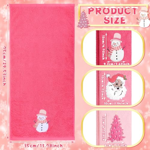 Pink Christmas Hand Towels Set 3 - 13.78 x 29.53 in with Santa Claus Design, 100% Cotton