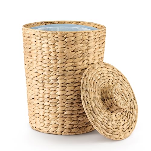Handwoven Water Hyacinth Bathroom Garbage Can with Lid, 2 Gallon Wicker Bin