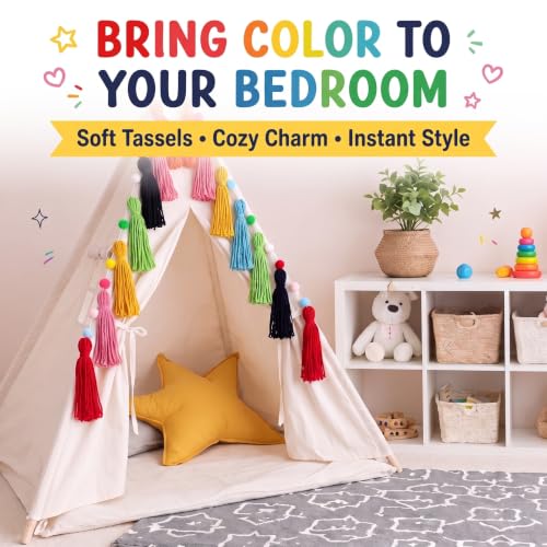 3-Piece Pastel Rainbow Tassel Garland, Boho Pom Pom Wall Hanging Decor
