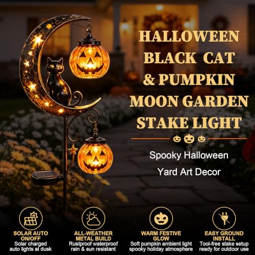 Solar Halloween Black Cat & Pumpkin Moon Stake Light - Metal Yard Decor