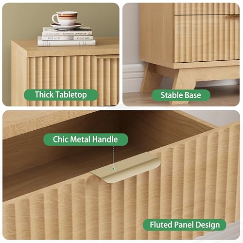 24-Inch Fluted Nightstand with 3 Drawers, Mid-Century Modern Wood End Table