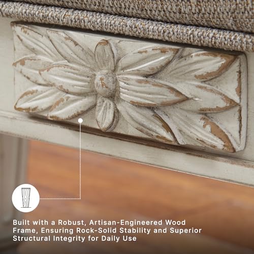 French Provincial Upholstered Accent Bench with Scrolled Arms, Antique White