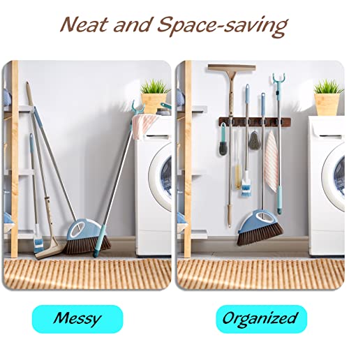 Rustic Wood Mop and Broom Holder Wall Mount with 4 Slots and 4 Hooks