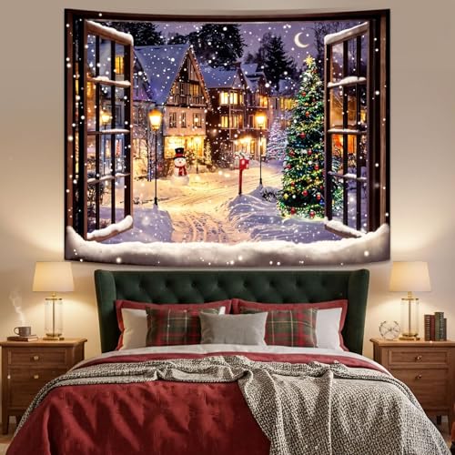 Art Deco Christmas Landscape Tapestry Wall Hanging - Snowmen Scene, 80x60 Inches