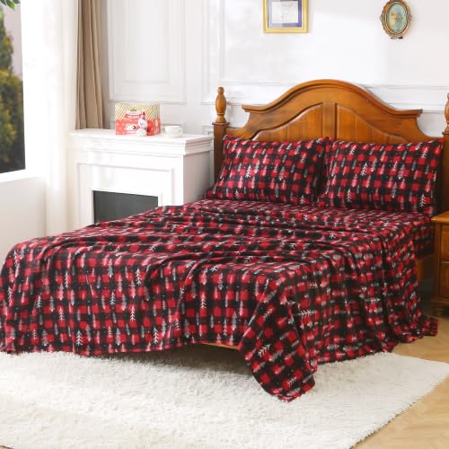 Christmas Tree Plaid Fleece Sheets Twin Size 3-Piece Set - Cozy Holiday Bedding