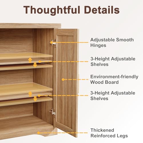 55-Inch Fluted Sideboard Buffet Cabinet with Adjustable Shelves, Natural Oak