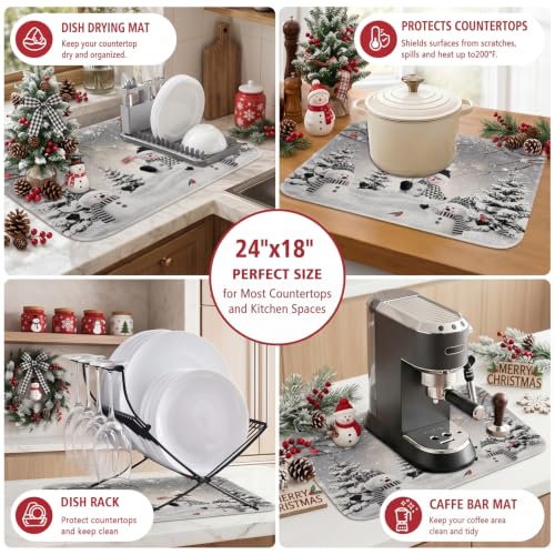 Sonalied Christmas Dish Drying Mat 18x24 Large – Winter Scene, 24" x 18"