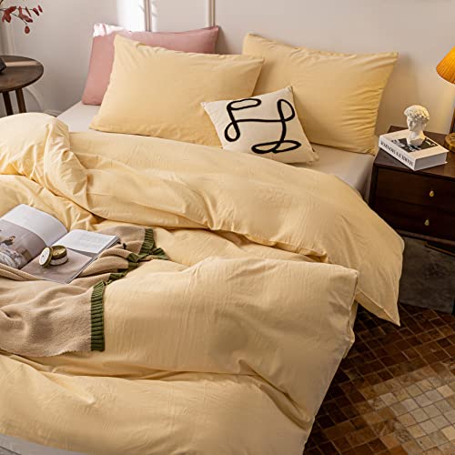 Ultra-Soft 100% Washed Cotton Duvet Cover Set - Queen, Cream Yellow