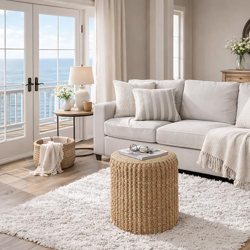 Handwoven Seagrass Round Pouf Ottoman 18-Inch Boho Footrest