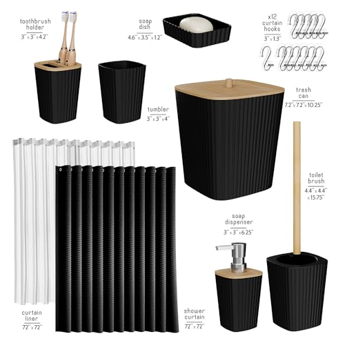 20-Piece Black Bathroom Accessory Set with Shower Curtain and Bamboo Accents