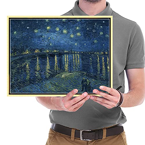 Wieco Art Framed Art Canvas Prints of Starry Night Over The Rhone Canvas Prints Wall Art by Van Gogh Paintings Reproduction Abstract Artwork for Living Room Wall Decor Golden Frame