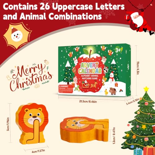 Yxwomenxy Advent Calendar 2026 Animal Alphabet Matching Toy for Kids - Wooden Educational Puzzle, Preschool Learning, Christmas Gift, Variation A