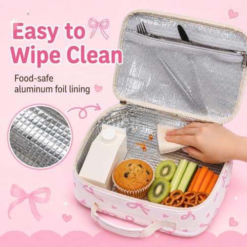 Cute Bow Insulated Lunch Bag for Girls & Women, Pink Thermal Tote Bag
