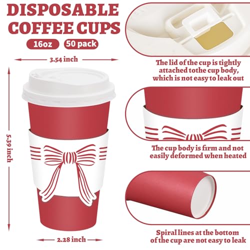 50 Pack Christmas Red Coffee Cups with Lids & Bow Sleeves 16oz Disposable Holiday Drinkware