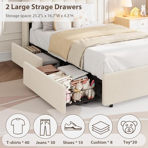 Twin Size Platform Bed Frame with Storage Drawers, LED Headboard & Boucle