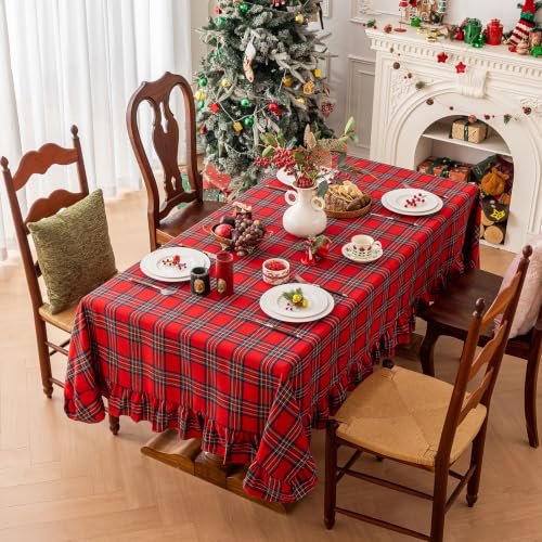 Joyfol Day Christmas Plaid Ruffled Tablecloth 120 x 60 Inch Rectangular, Red