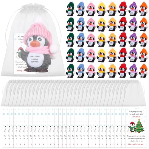 Penguin Christmas Figurine Set with Greeting Cards & Gift Bags - Holiday Decorations for Staff & Coworkers