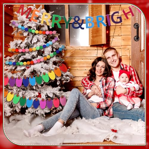 Christmas Felt Garland Set with Pom Poms, Light Bulb Banners & Merry Sign