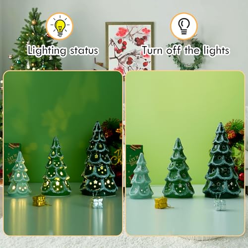 Luxstyra Green Ceramic Christmas Tree with Lights & Timer - Set of 3