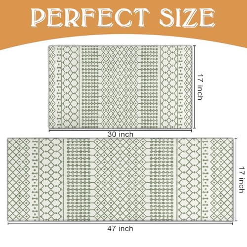 Boho Kitchen Rug Set of 2, Non-Slip Moroccan Pattern Washable Runner Mats