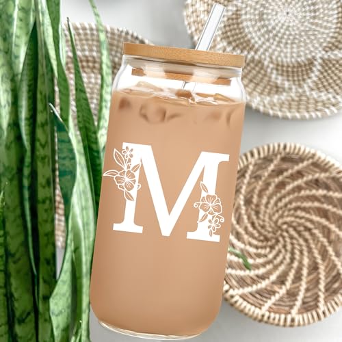 Personalized Monogrammed Iced Coffee Glass with Bamboo Lid and Straws