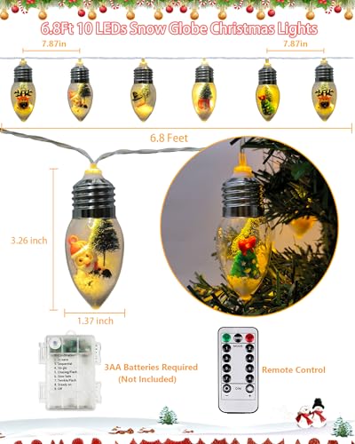 Vintage Christmas Snow Globe String Lights 6.8Ft Battery Operated 10 LED with 8 Modes & Timer - Christmas Elements with Christmas Tree