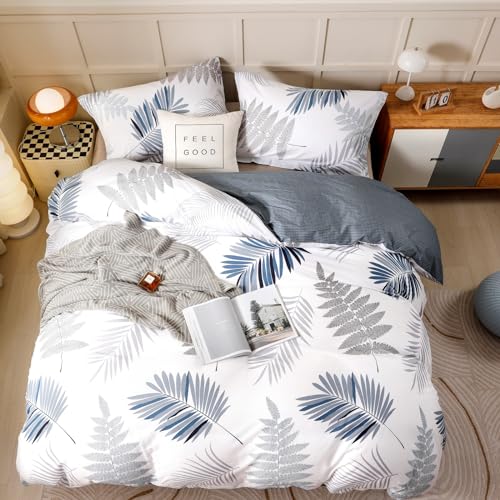 100% Cotton King Duvet Cover Set - 3-Piece Blue Leaf Bedding with Zipper & Ties