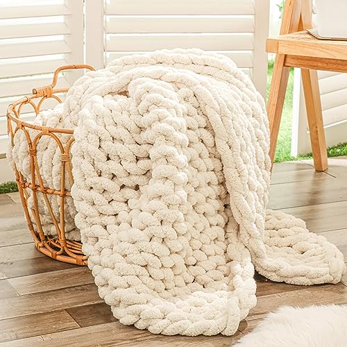 Chunky Chenille Knit Throw Blanket, Soft Hand-Knit Decorative Sofa Throw, Beige