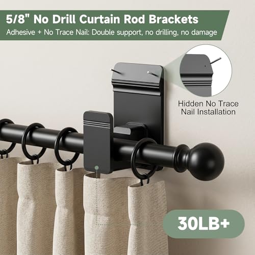 No Drill Curtain Rod Brackets for 5/8" Rods, Heavy Duty Holders (4 Pack, Black)