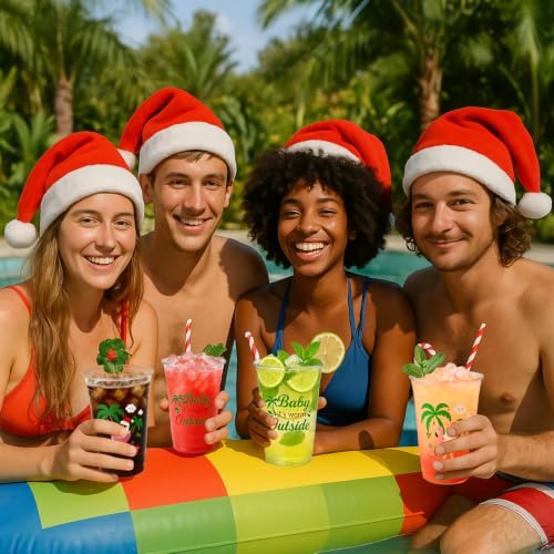 Christmas July Plastic Cups 16 oz Disposable Party Cups 60 Pack - Santa Flamingo Beach Design