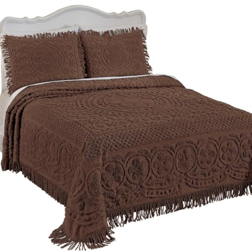 Chenille Lightweight Bedspread with Fringe Border, Queen Size - Chocolate