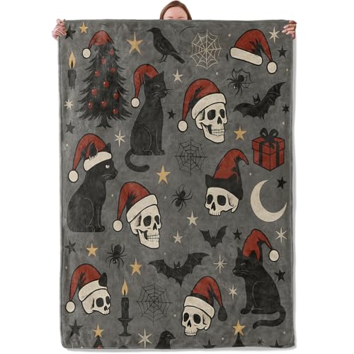Mounidso Gothic Christmas Blanket 50x60 in – Black Cat, Skull, Bats & Santa Hat Flannel Throw