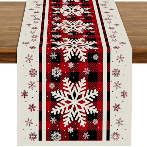 Christmas Table Runner 13x90 Inch Red & Black Buffalo Plaid Snowflake Pattern Linen