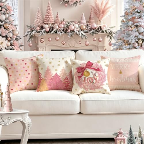 MODOVOS 18x18 Inch Pink Christmas Tree Wreath Pillow Covers Set of 4