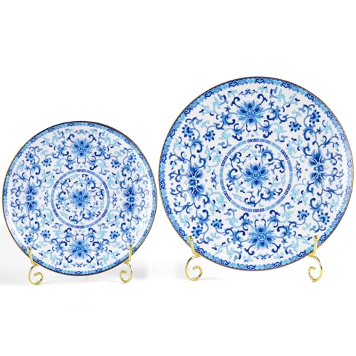 Ceramic Decorative Plate Set with Stand, Blue and White Porcelain, 8in & 10in