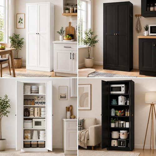 61" White Kitchen Pantry Storage Cabinet with 4 Adjustable Shelves & 2 Doors