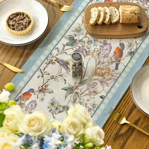Artoid Mode Blue Birds Flowers Blossom Table Runner 13x72 inch Spring Kitchen Decor