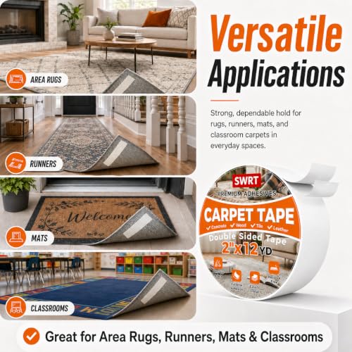 Double Sided Carpet Tape for Area Rugs - Heavy Duty & Floor Safe, 2-Inch