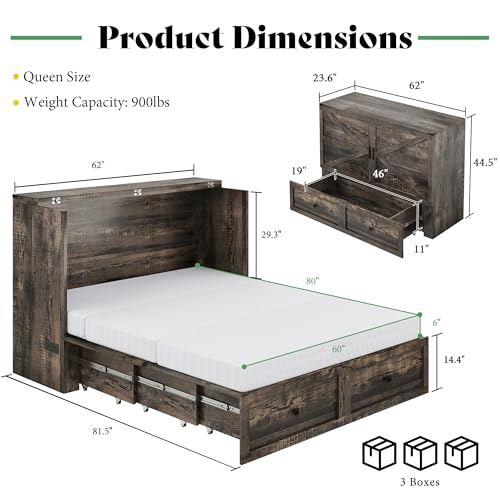 Queen Murphy Bed with 6" Memory Foam Mattress and Charging Station