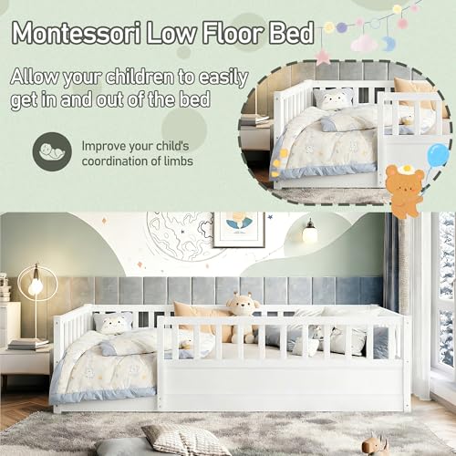 Queen Montessori Floor Bed Frame with Safety Fence, Solid Pine Wood