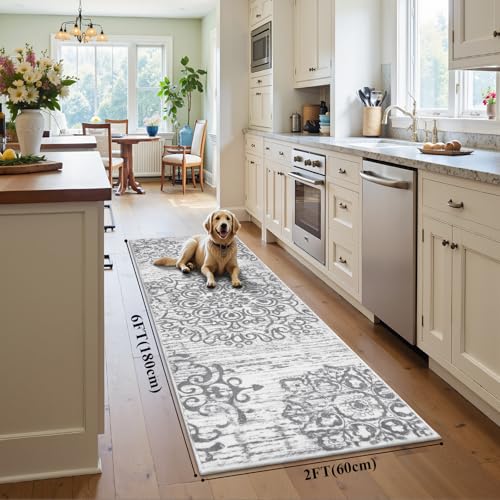 2x6 Washable Boho Runner Rug, Non-Slip Vintage Distressed Kitchen Hallway Mat